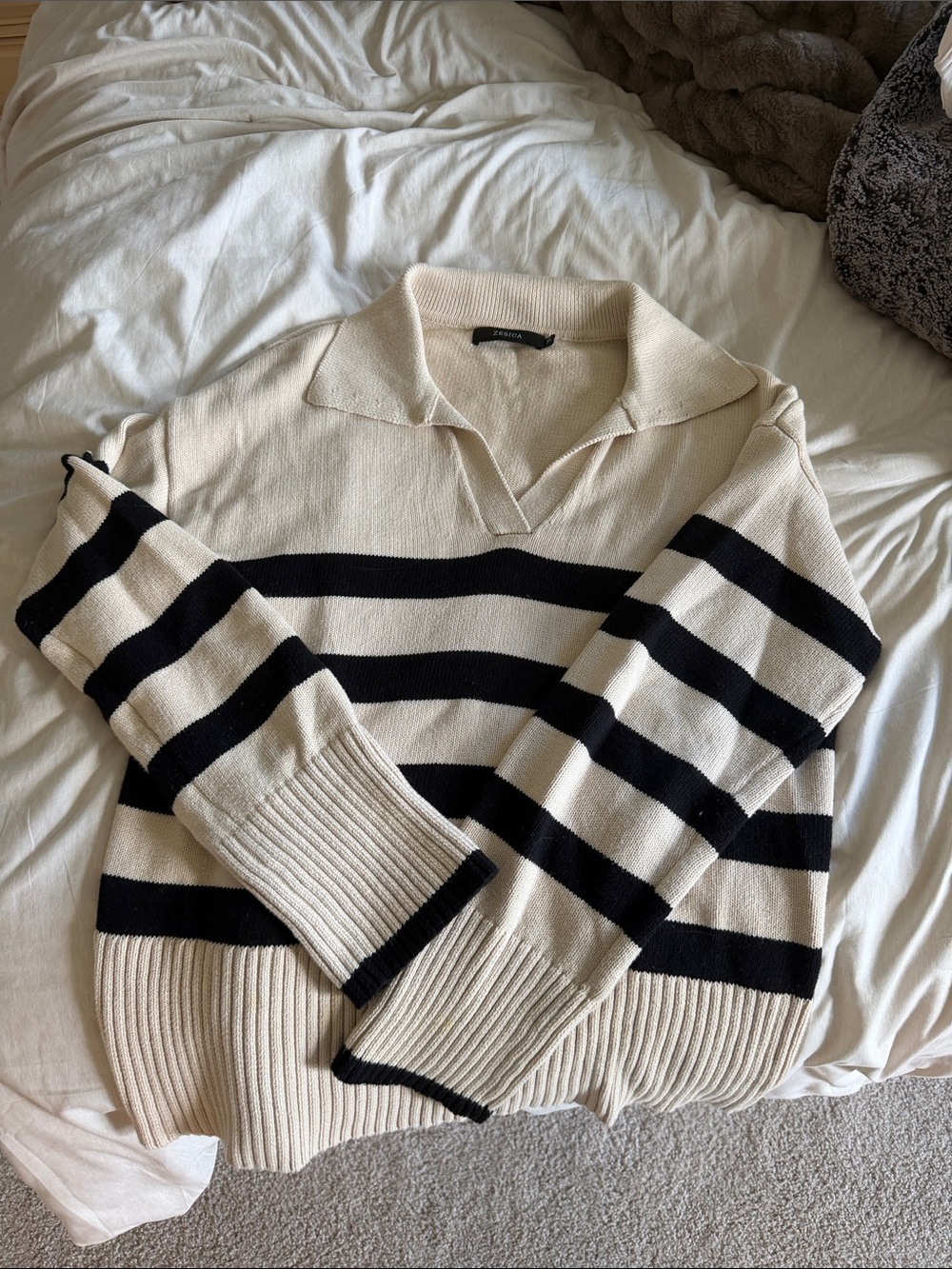 Cream and Black Striped V-Neck Pullover Sweater